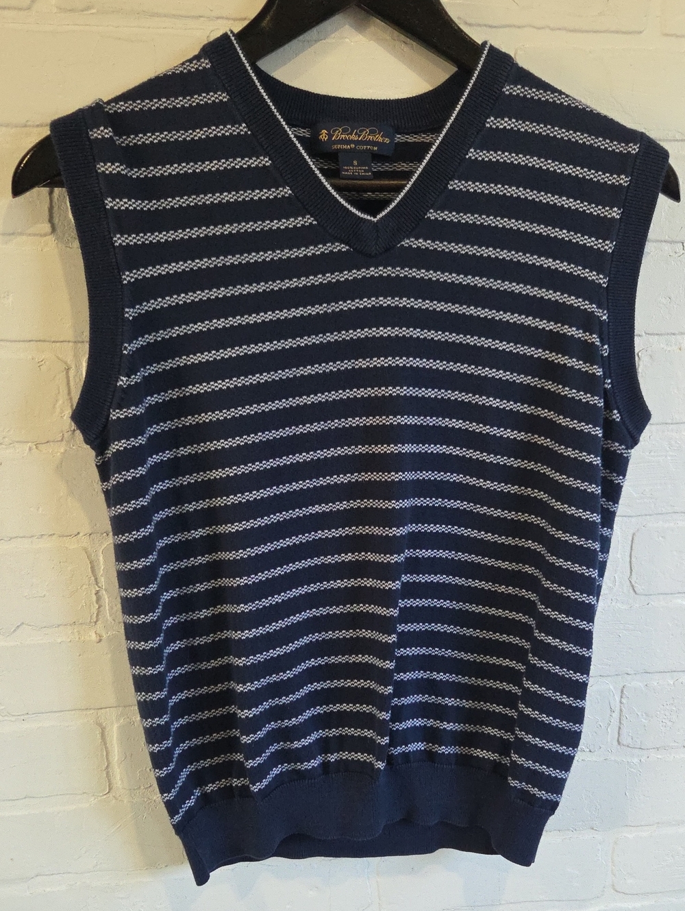 Brooks Brothers Navy and White Striped V-Neck Sweater Vest